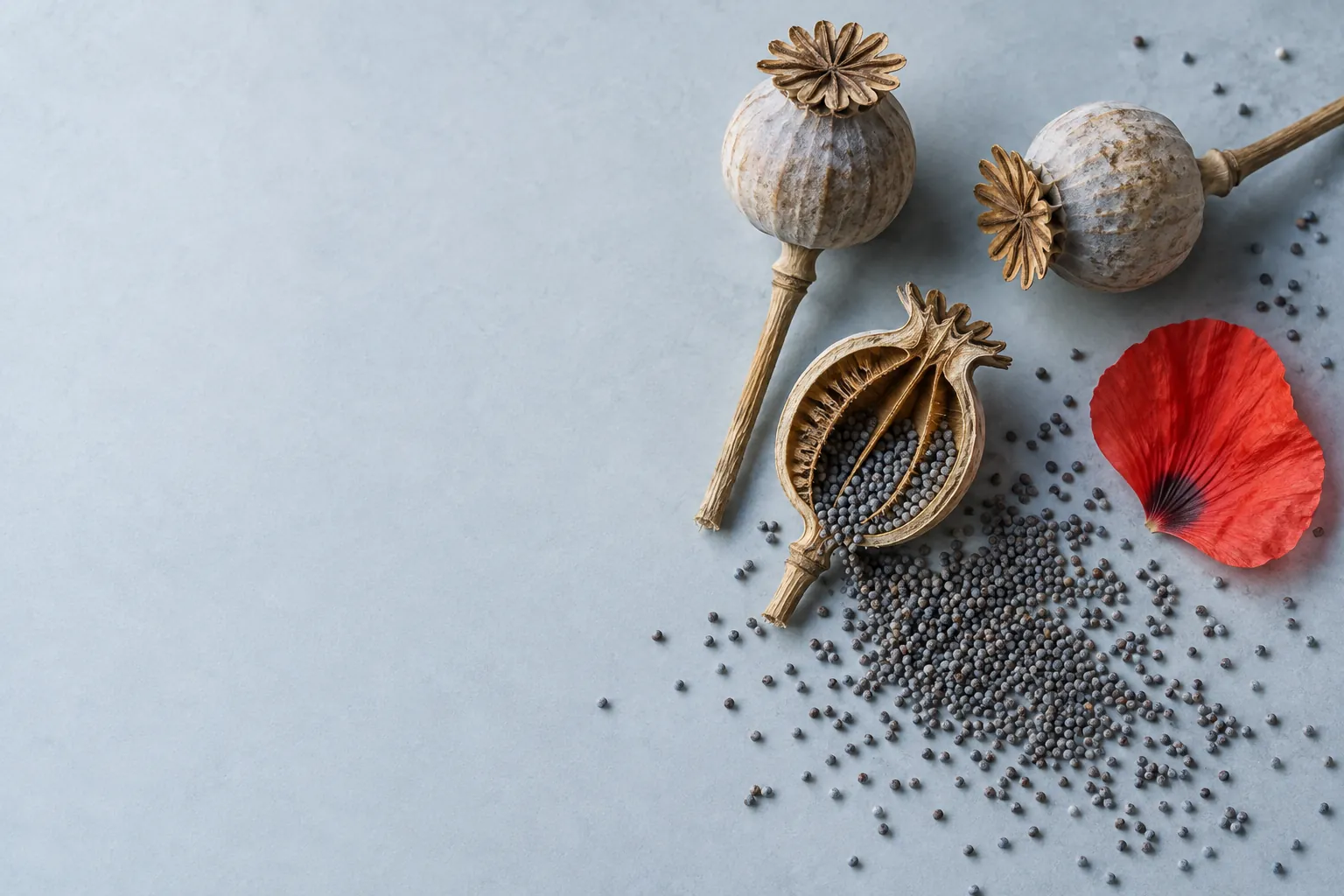 Dried poppy capsules, one cut open, with slate-blue poppy seeds and a red petal